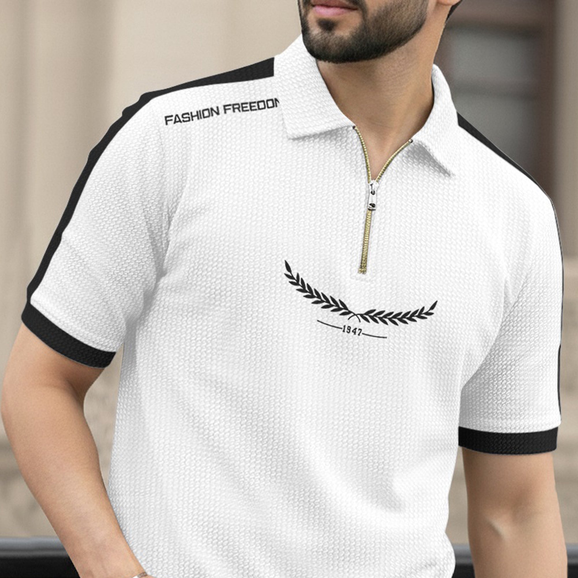 Men Quarter Zip Polo Neck Half Sleeve T-SHIRT White & Black