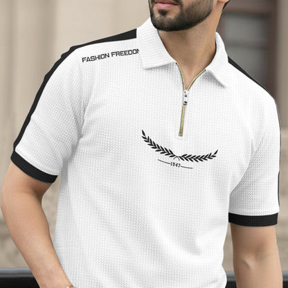 Men Quarter Zip Polo Neck Half Sleeve T-SHIRT White & Black