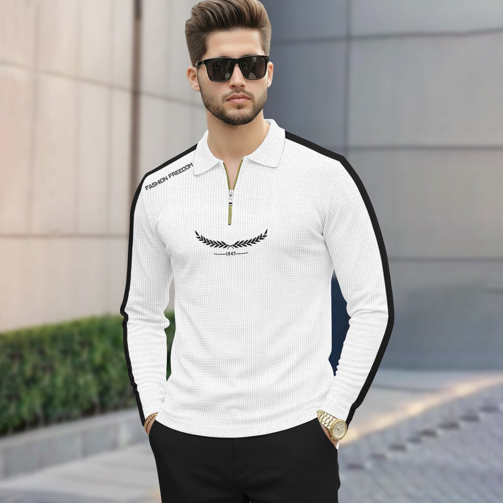 Men Quarter Zip Polo Neck Printed T-SHIRT White & Black