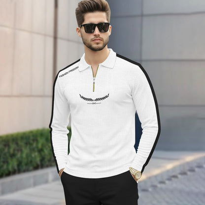 Men Quarter Zip Polo Neck Printed T-SHIRT White & Black