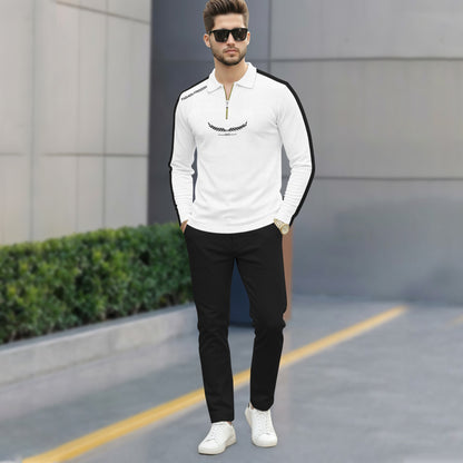 Men Quarter Zip Polo Neck Printed T-SHIRT White & Black