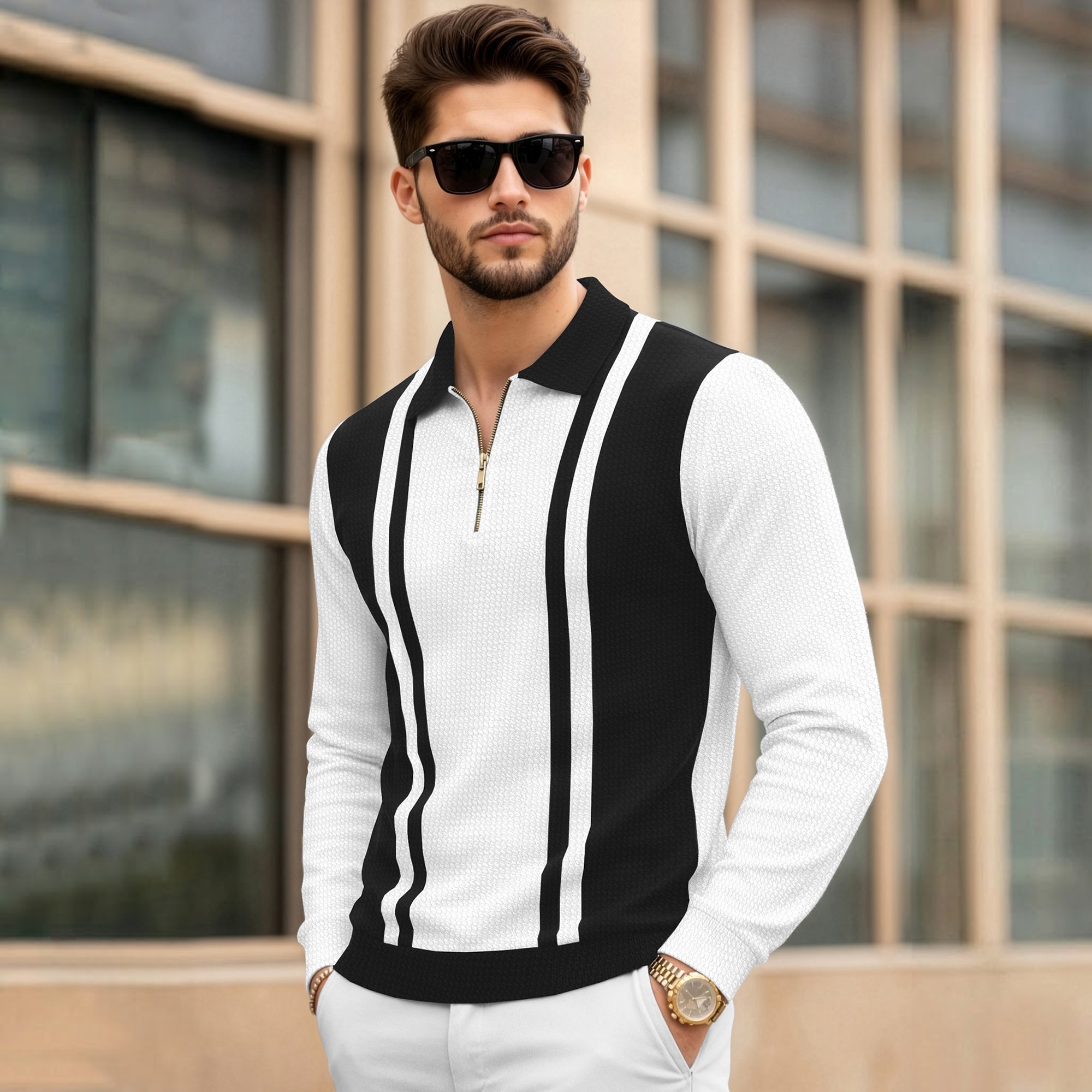 Color Blaocked Quarter Zip Polo Neck Vertical Striped Full Sleeve T-shirt White & Black