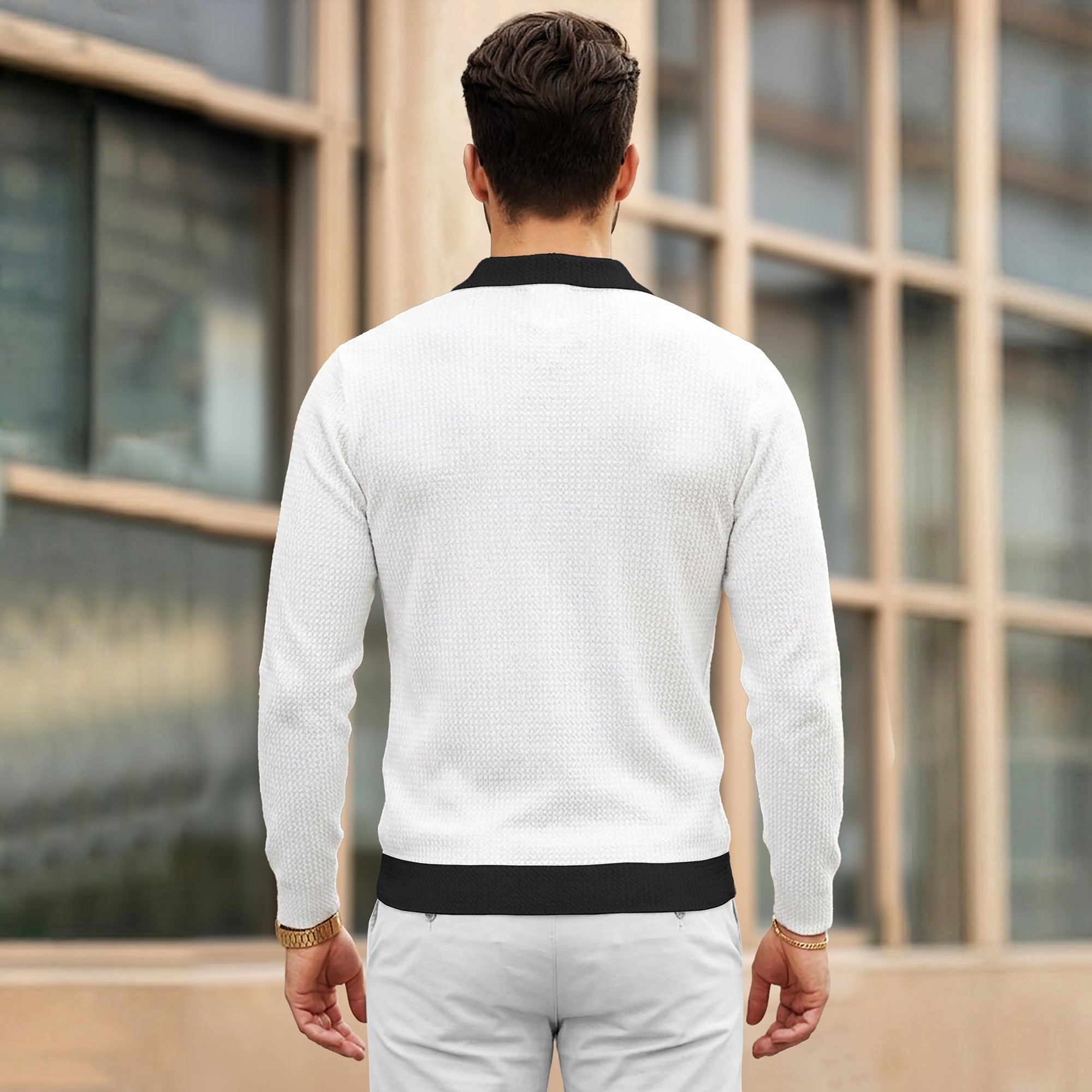 Color Blaocked Quarter Zip Polo Neck Vertical Striped Full Sleeve T-shirt White & Black