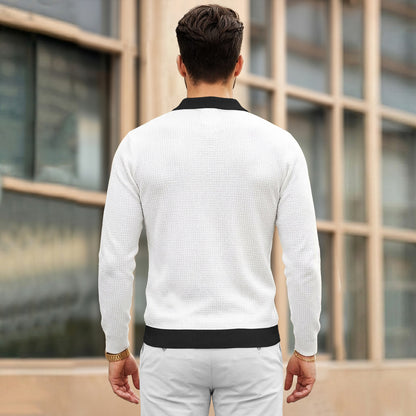 Color Blaocked Quarter Zip Polo Neck Vertical Striped Full Sleeve T-shirt White & Black