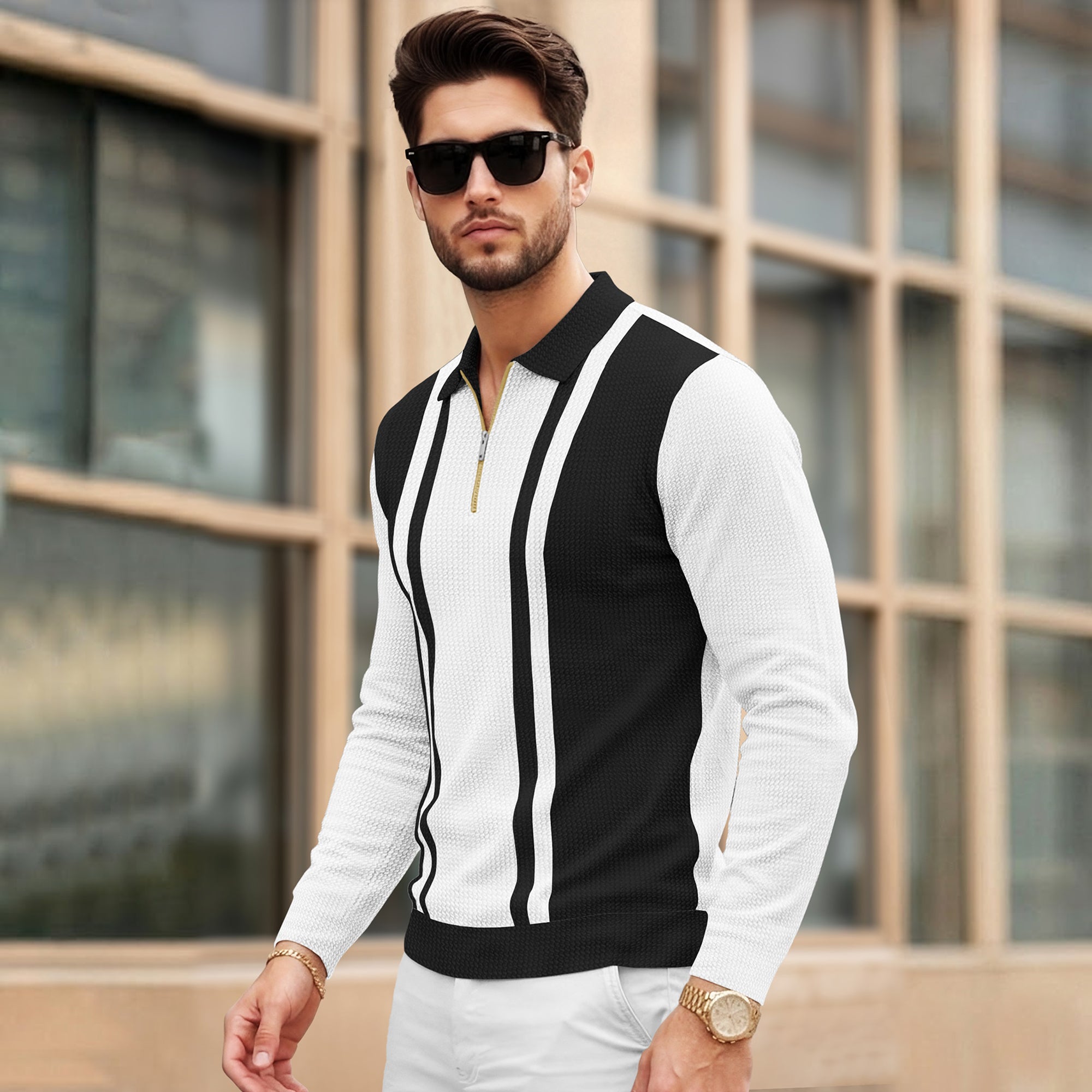 Color Blaocked Quarter Zip Polo Neck Vertical Striped Full Sleeve T-shirt White & Black