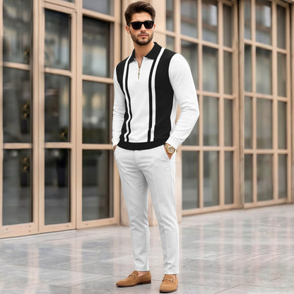 Color Blaocked Quarter Zip Polo Neck Vertical Striped Full Sleeve T-shirt White & Black