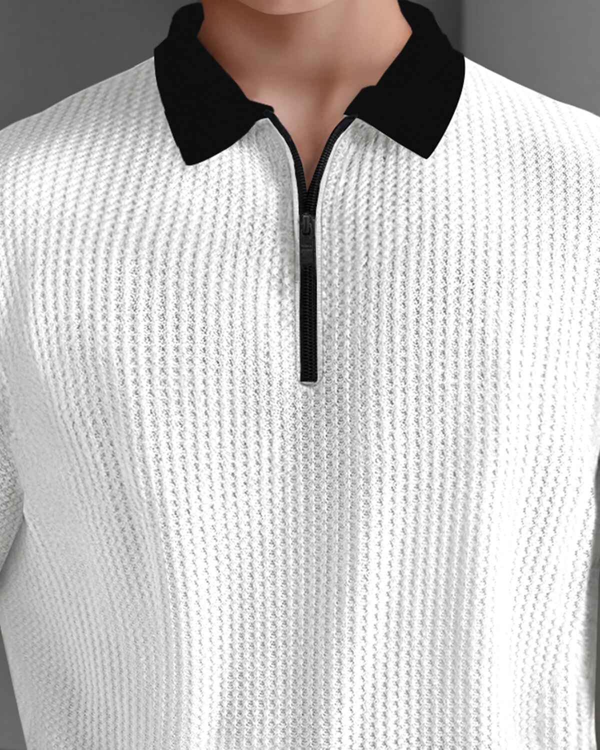 Boy Full Sleeve Plain Textured Waffle T-shirt / White & Black