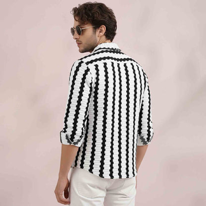 Mens Textured Striped Button Full Sleeve Shirt Black & White