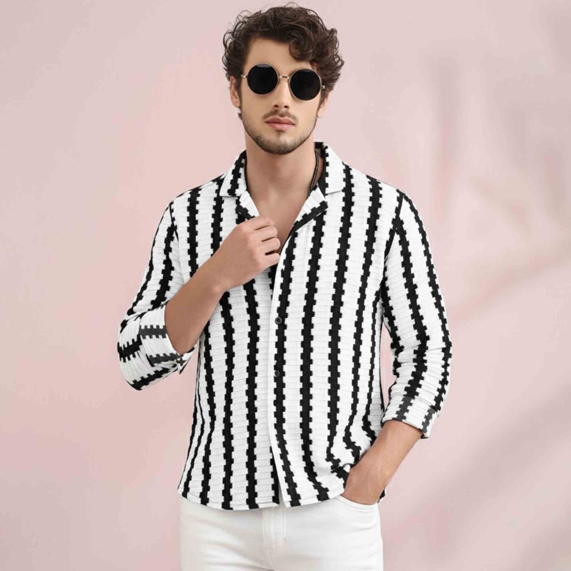 Mens Textured Striped Button Full Sleeve Shirt Black & White
