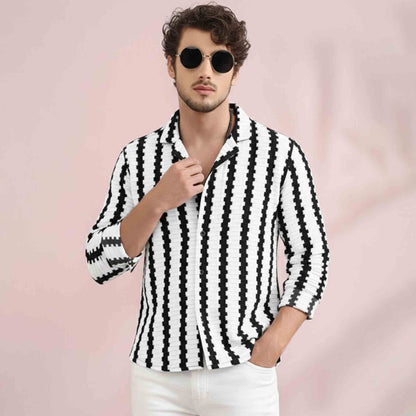 Mens Textured Striped Button Full Sleeve Shirt Black & White
