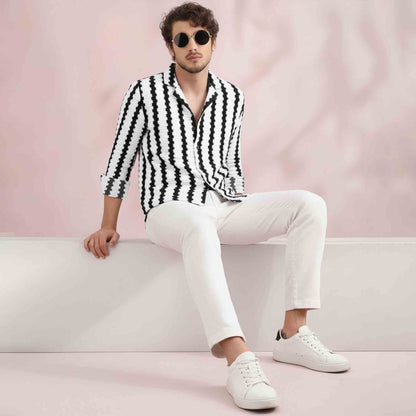 Mens Textured Striped Button Full Sleeve Shirt Black & White