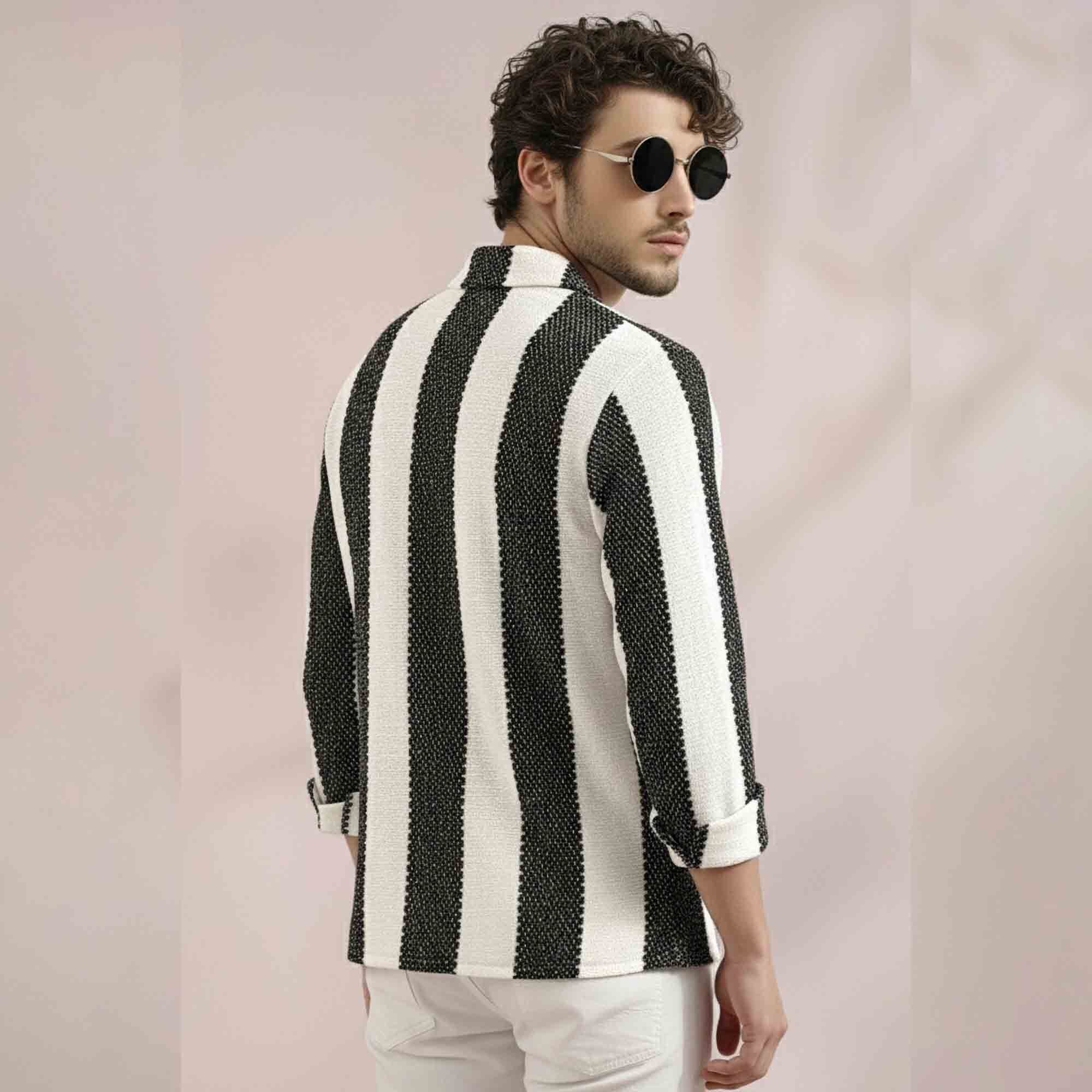 Men Regular Fit Striped Casual Textured Shirt White