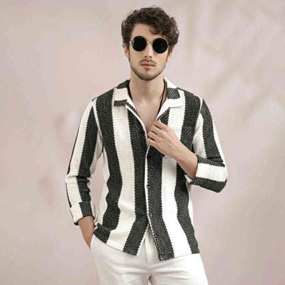 Men Regular Fit Striped Casual Textured Shirt White