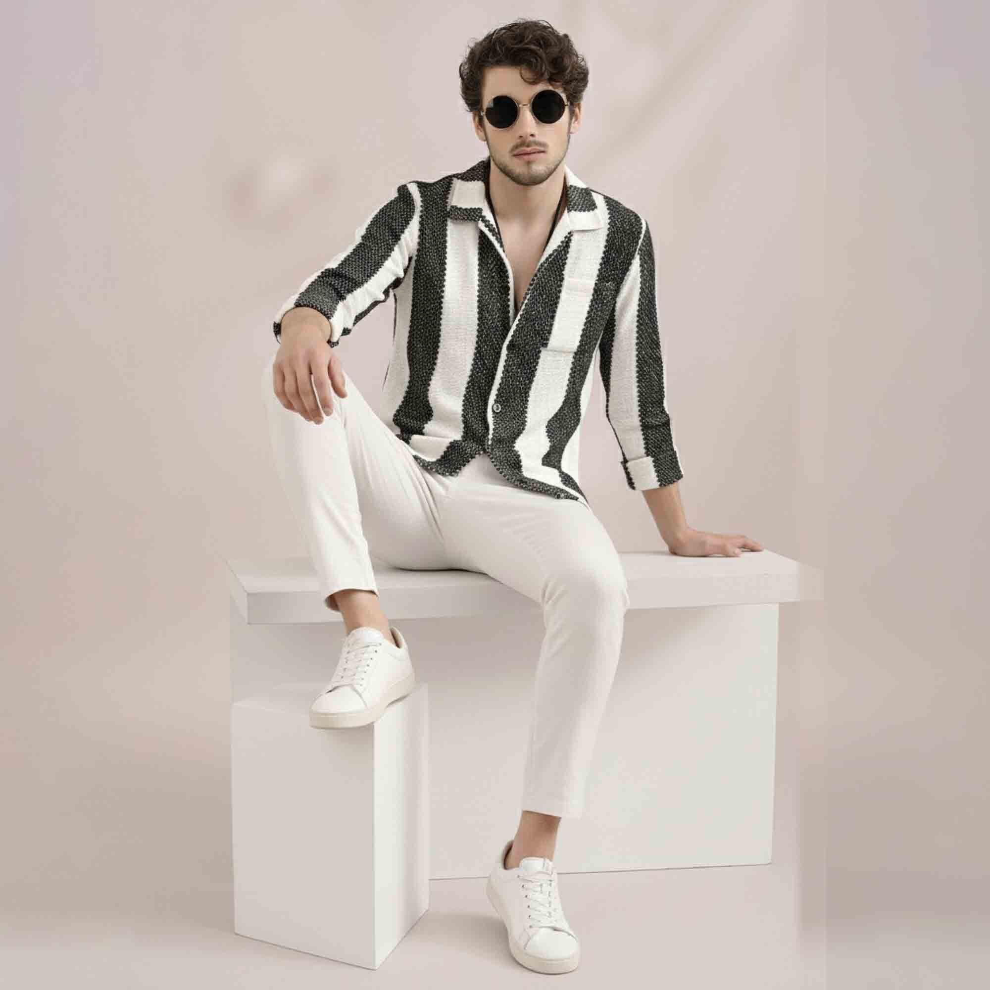 Men Regular Fit Striped Casual Textured Shirt White