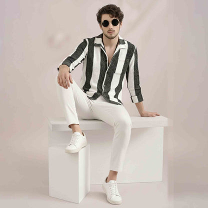 Men Regular Fit Striped Casual Textured Shirt White