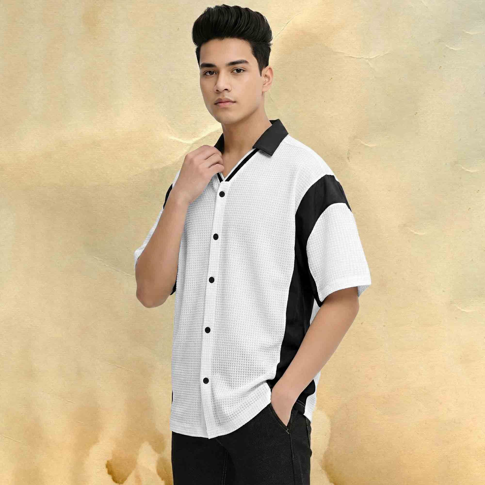 Men Half Sleeve Colorblock Shirt White