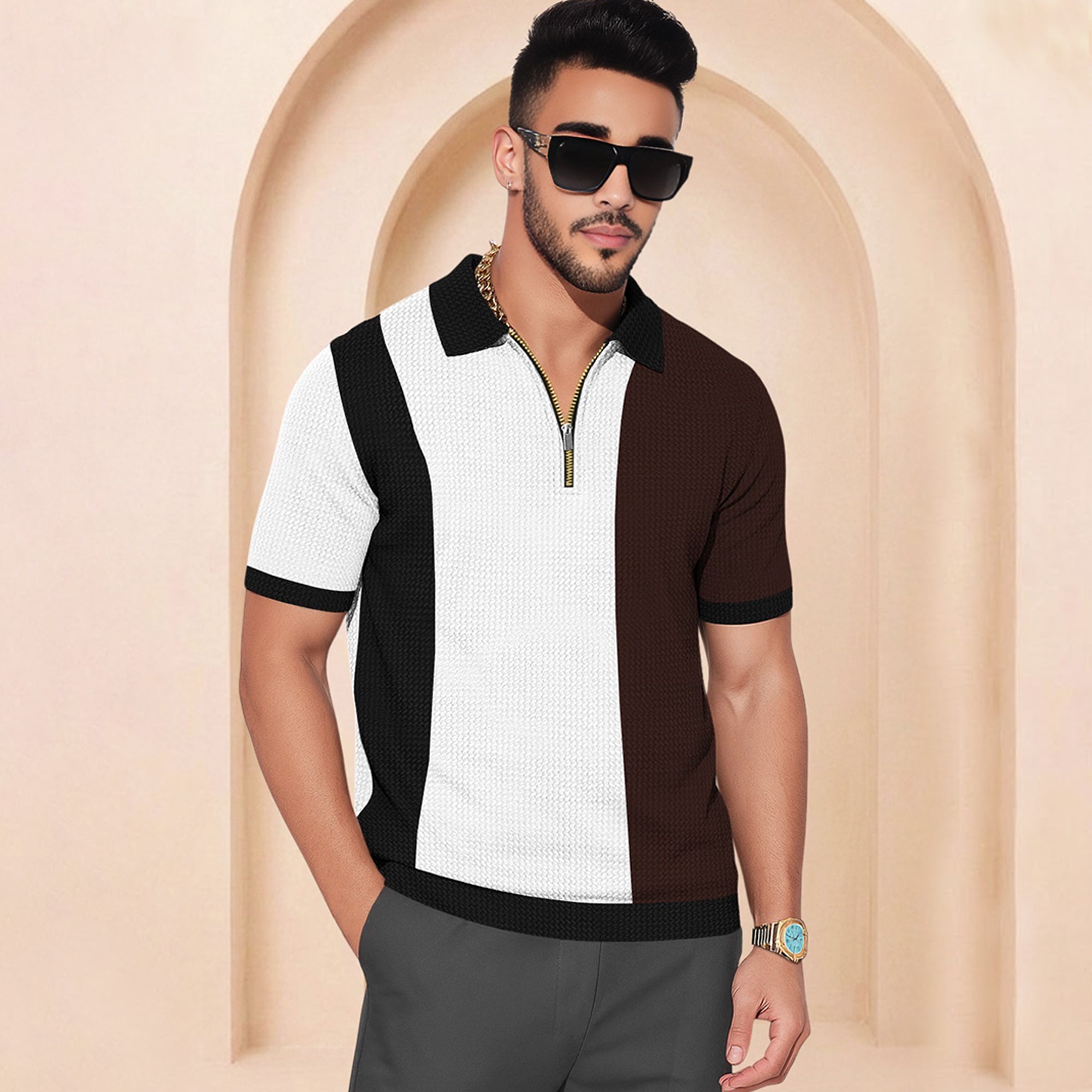 Men Quarter Zip Polo Neck Printed T-shirts