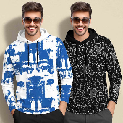 (Pack Of 2) Printed Hooded Full Sleeve T-shirt White & Black