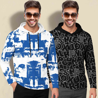(Pack Of 2) Printed Hooded Full Sleeve T-shirt White & Black