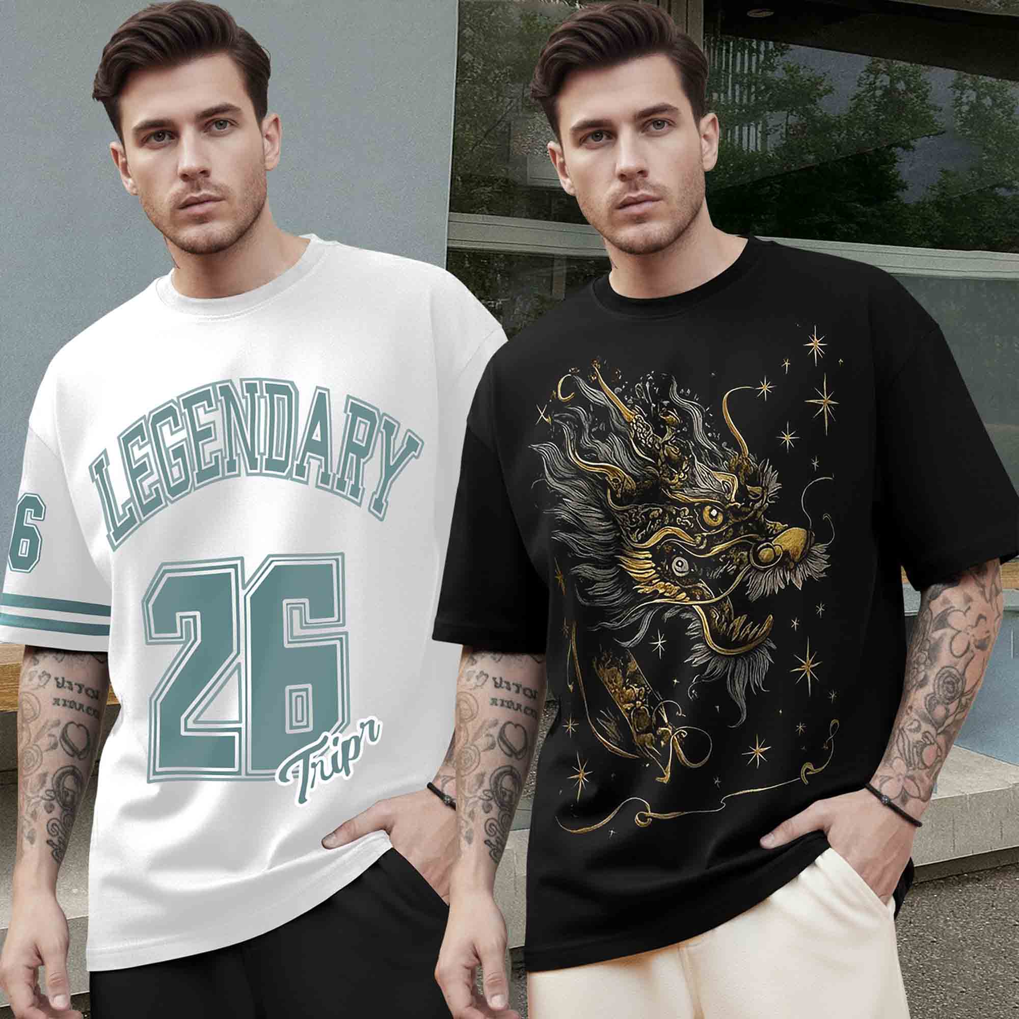 【さきお】EMOTIONAL COLLAGE RIB TOP Back Printed Oversized Tshirts Combo Pack of 2 Online – TRIPR