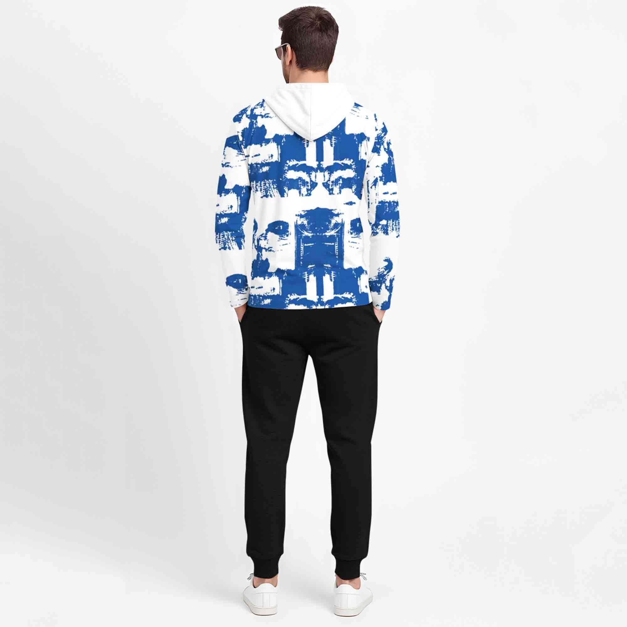 Outfit Set Full Sleeve White & Blue Hooded Printed T-shirt & Plain Black Trackpant