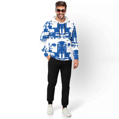 Outfit Set Full Sleeve White & Blue Hooded Printed T-shirt & Plain Black Trackpant