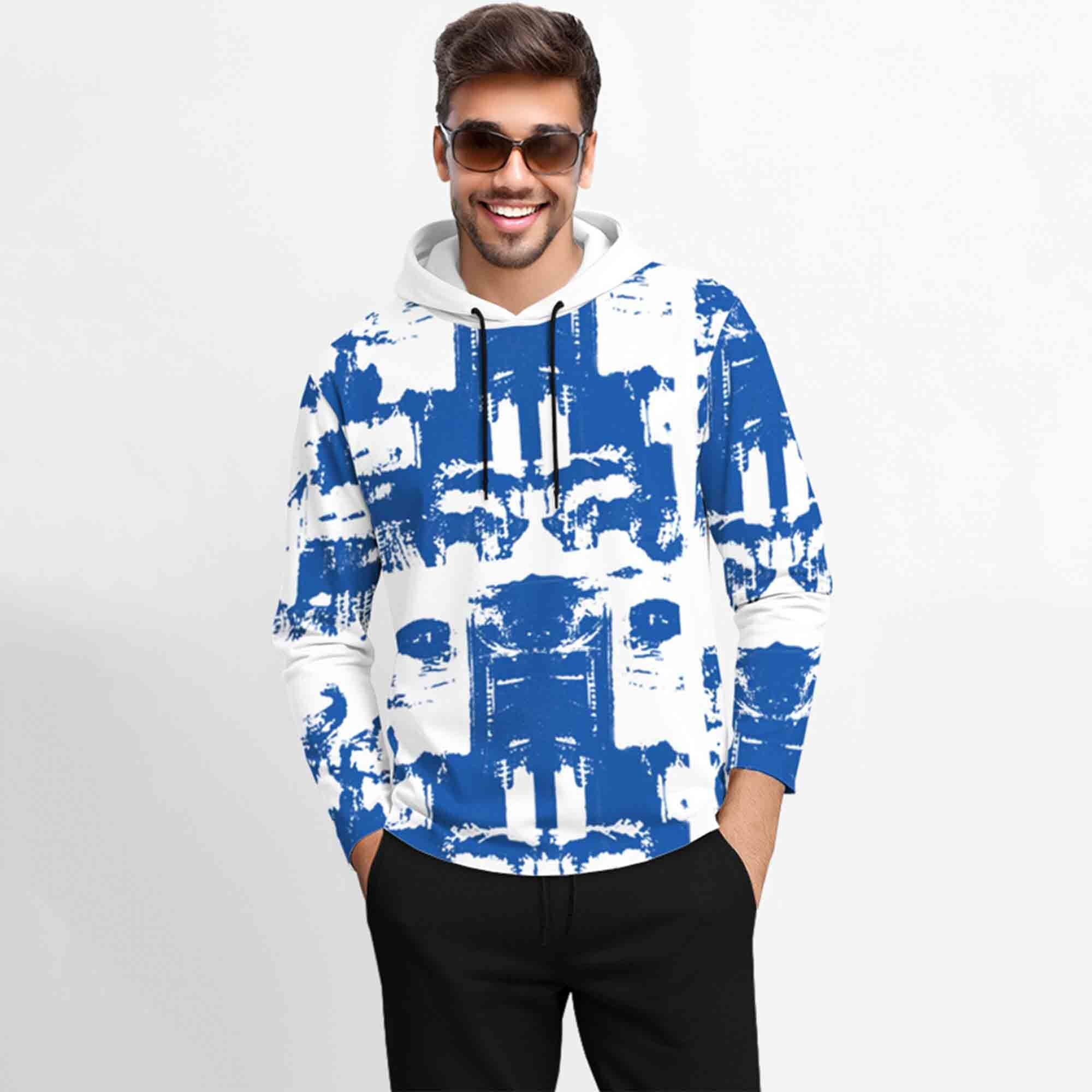 Outfit Set Full Sleeve White & Blue Hooded Printed T-shirt & Plain Black Trackpant