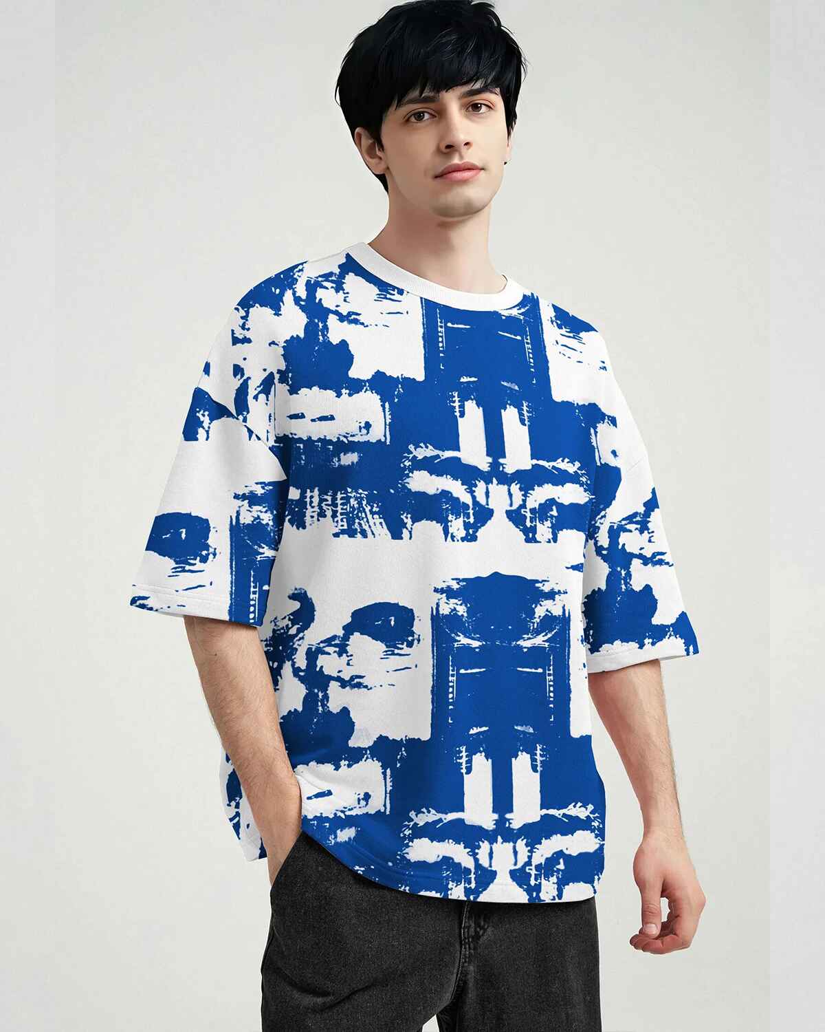 White & Blue Men Printed Oversized T-shirt