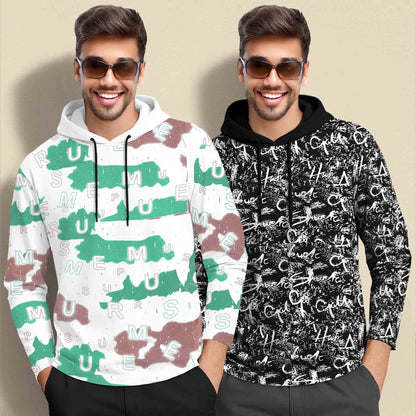 (Pack Of 2) Printed Hooded Full Sleeve T-shirt White & Black