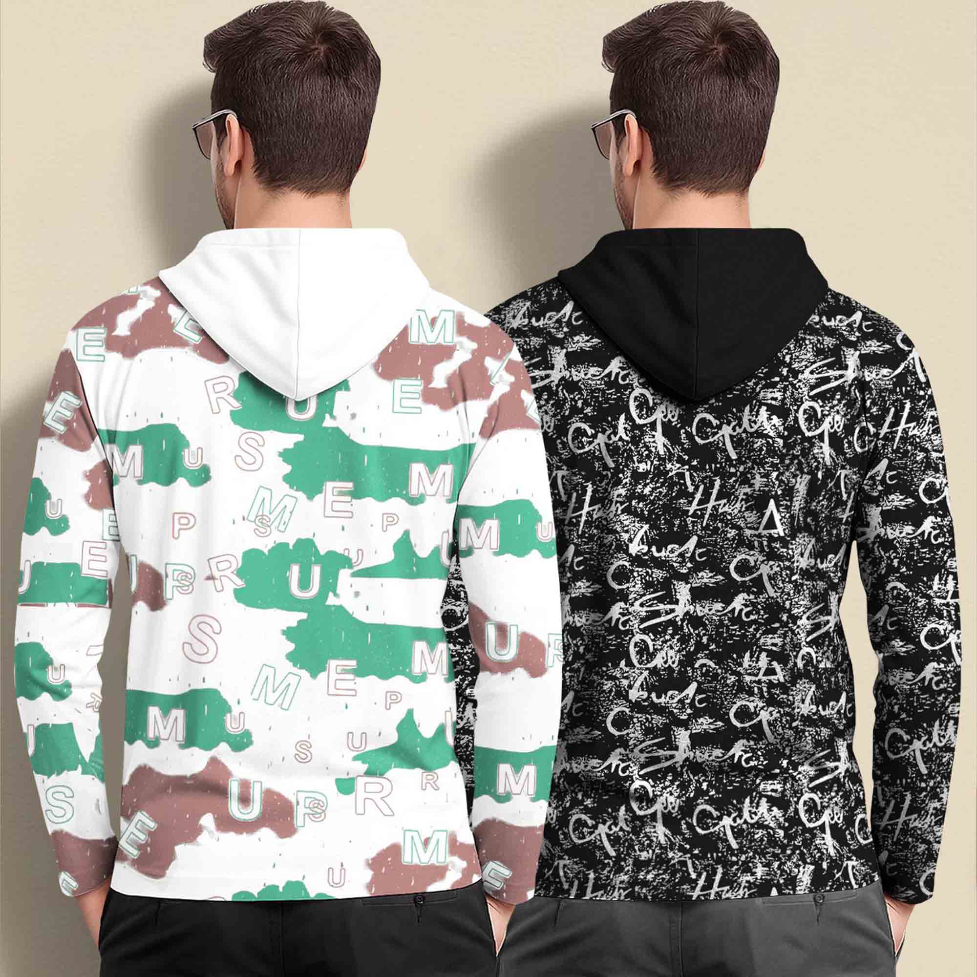 (Pack Of 2) Printed Hooded Full Sleeve T-shirt White & Black