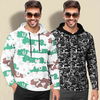 (Pack Of 2) Printed Hooded Full Sleeve T-shirt White & Black