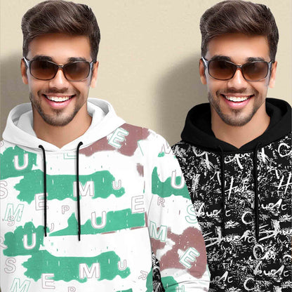 (Pack Of 2) Printed Hooded Full Sleeve T-shirt White & Black