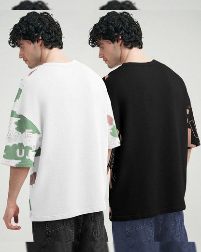 (Pack Of 2) Men Printed White & Black Oversized T-shirts