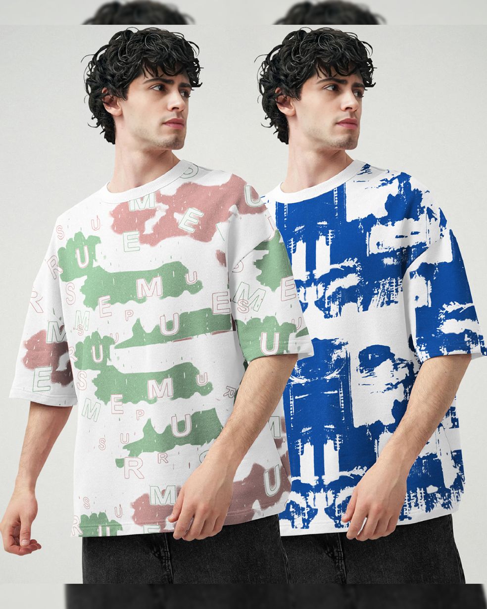 (Pack Of 2) Men Printed Oversized White T-shirts