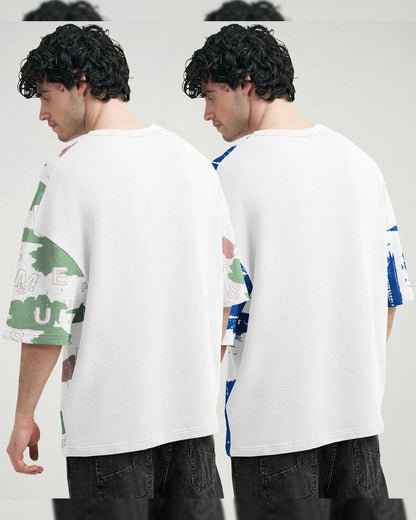 (Pack Of 2) Men Printed Oversized White T-shirts