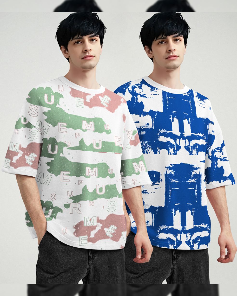 (Pack Of 2) Men Printed Oversized White T-shirts