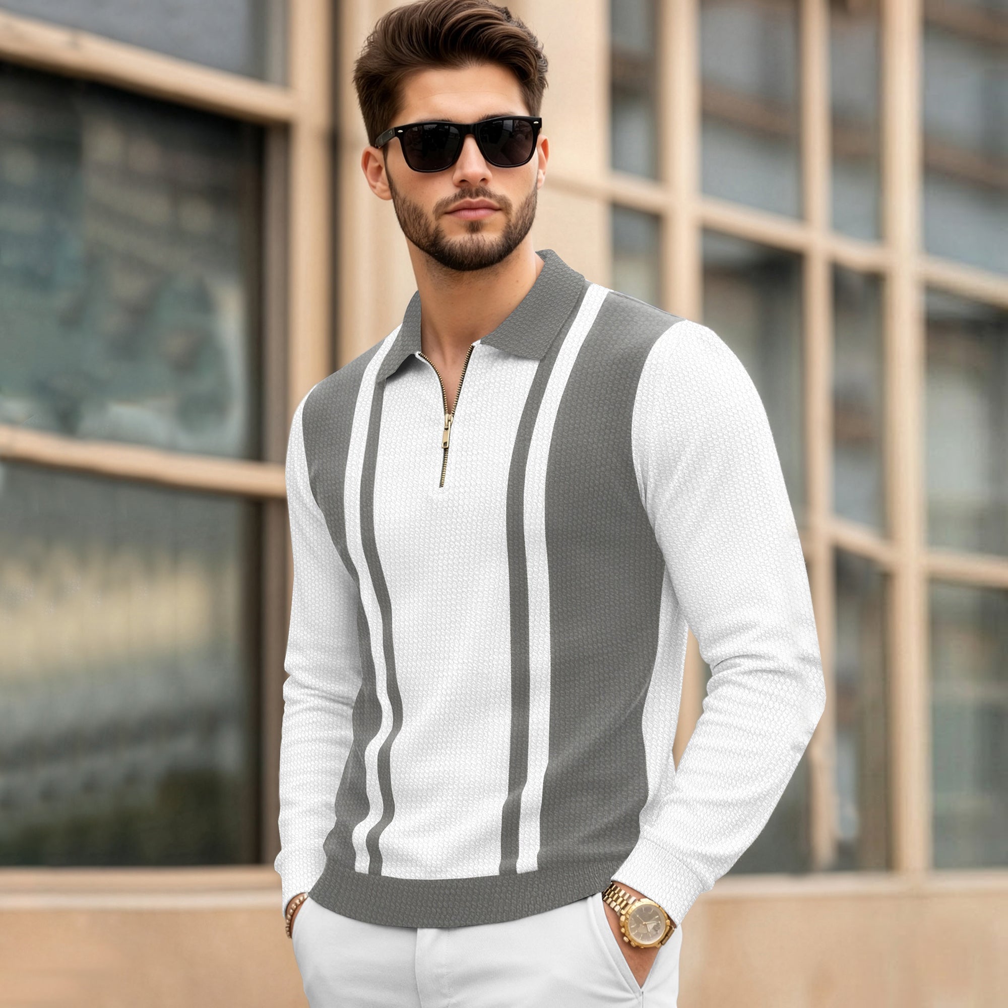 Color Blaocked Quarter Zip Polo Neck Vertical Striped Full Sleeve T-shirt White & Darkgrey