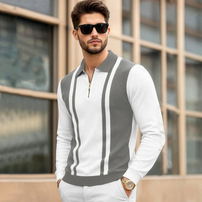Color Blaocked Quarter Zip Polo Neck Vertical Striped Full Sleeve T-shirt White & Darkgrey