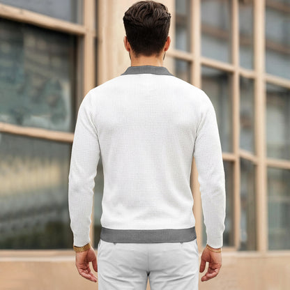 Color Blaocked Quarter Zip Polo Neck Vertical Striped Full Sleeve T-shirt White & Darkgrey
