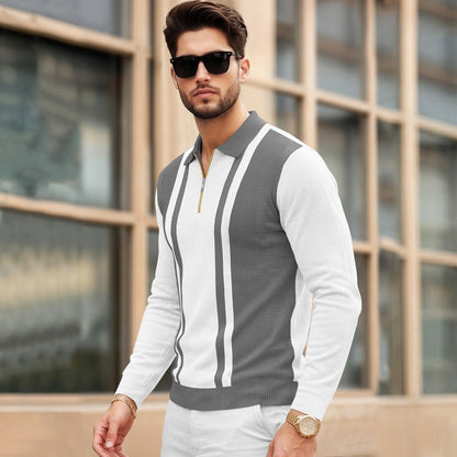 Color Blaocked Quarter Zip Polo Neck Vertical Striped Full Sleeve T-shirt White & Darkgrey