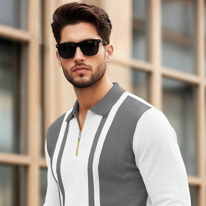 Color Blaocked Quarter Zip Polo Neck Vertical Striped Full Sleeve T-shirt White & Darkgrey