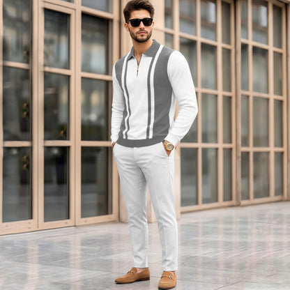 Color Blaocked Quarter Zip Polo Neck Vertical Striped Full Sleeve T-shirt White & Darkgrey