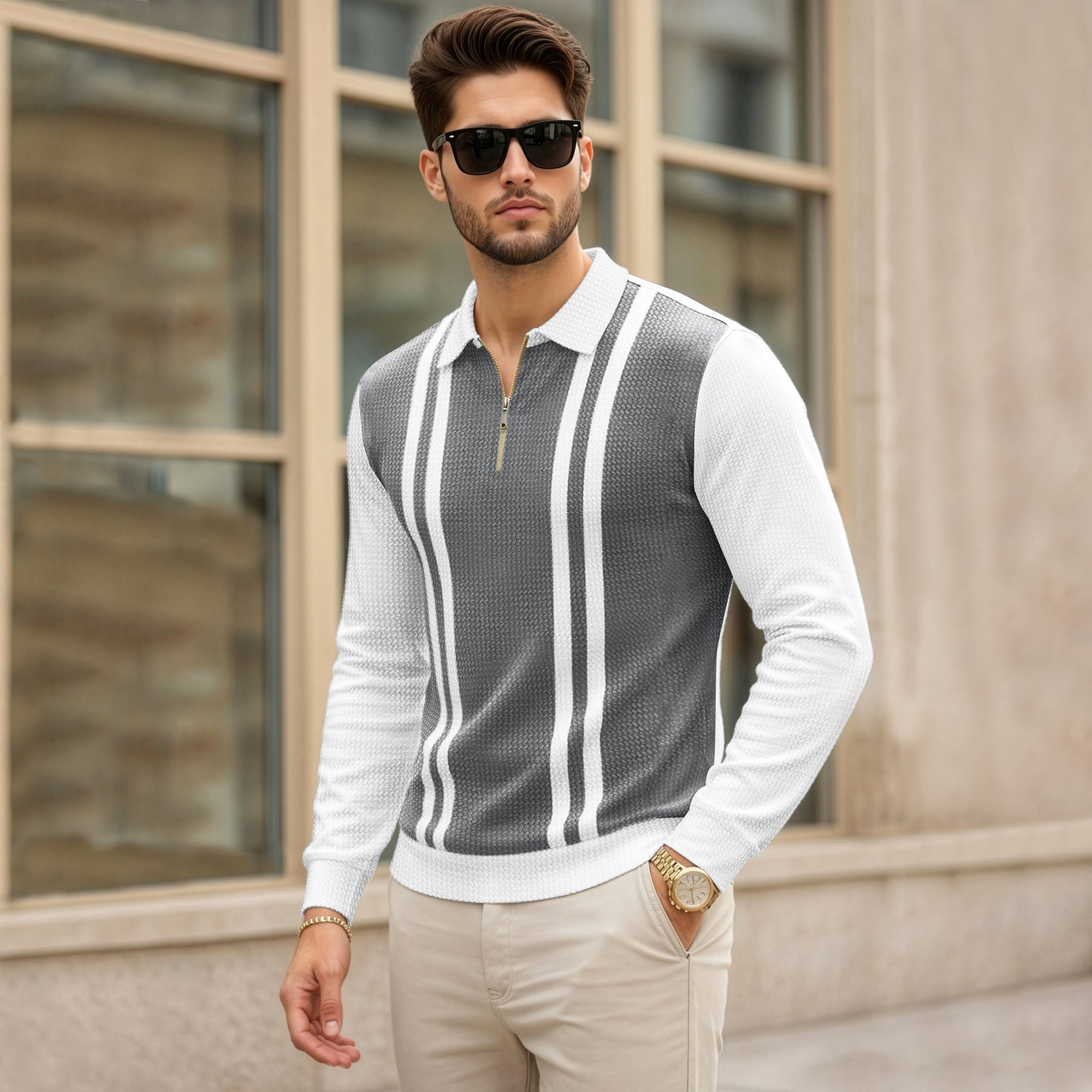 Color Blaocked Quarter Zip Polo Neck Full Sleeve T-shirt White & Darkgrey