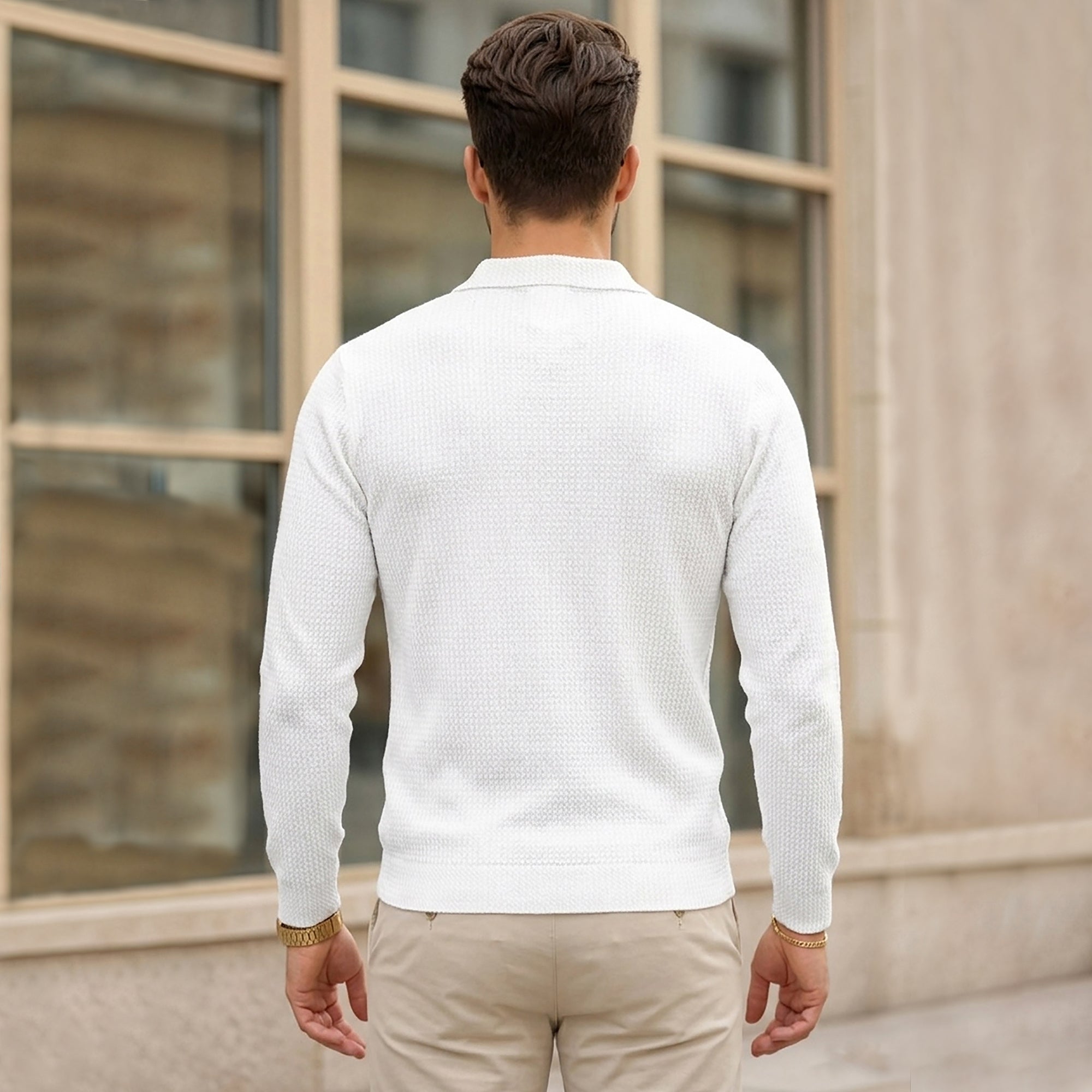 Color Blaocked Quarter Zip Polo Neck Full Sleeve T-shirt White & Darkgrey