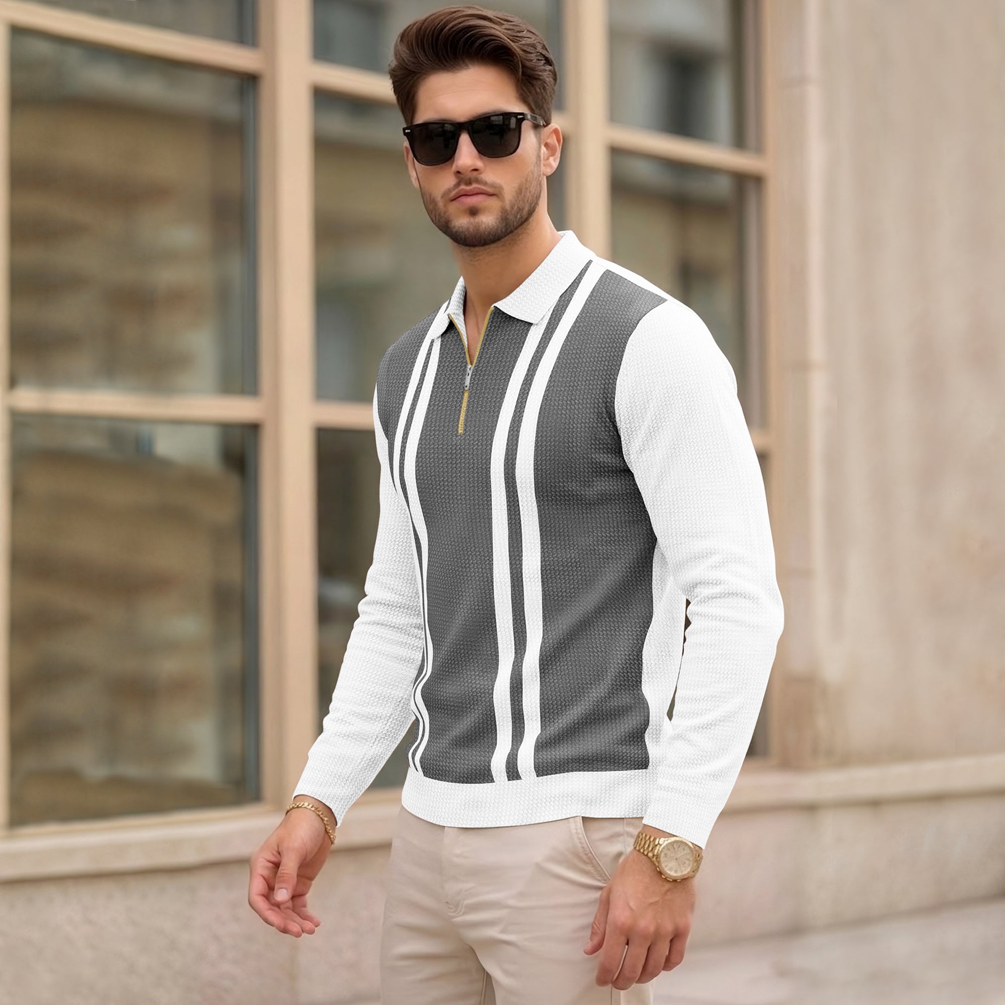 Color Blaocked Quarter Zip Polo Neck Full Sleeve T-shirt White & Darkgrey