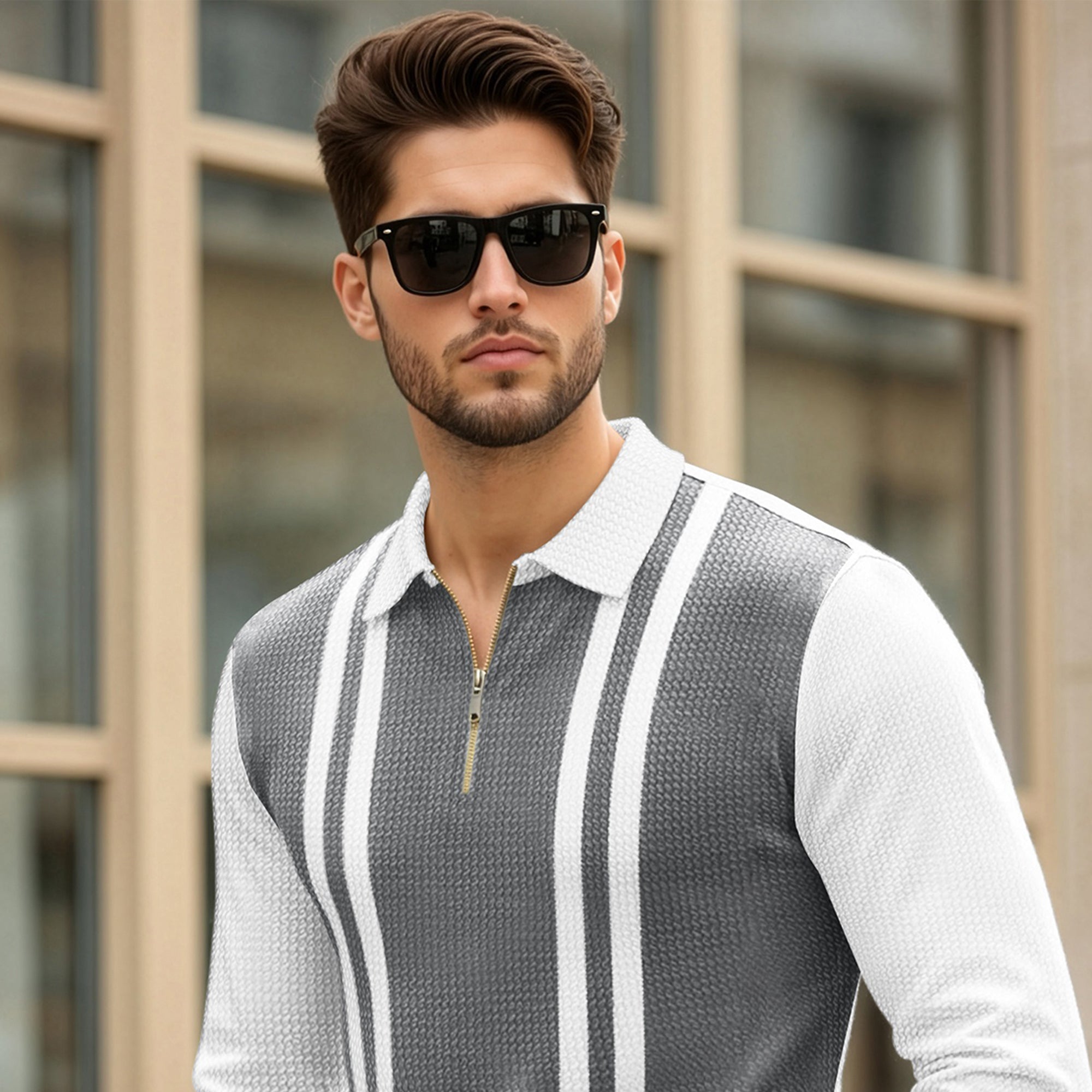 Color Blaocked Quarter Zip Polo Neck Full Sleeve T-shirt White & Darkgrey