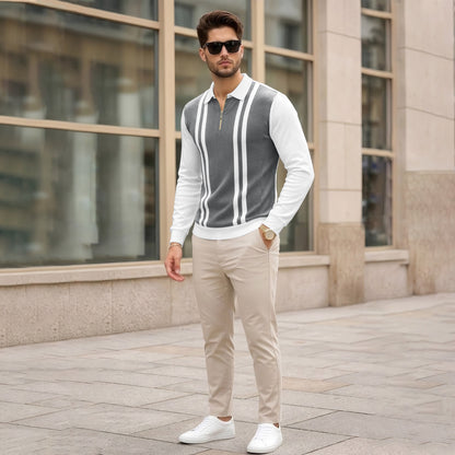 Color Blaocked Quarter Zip Polo Neck Full Sleeve T-shirt White & Darkgrey