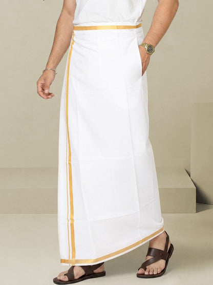 Men Single Layer Golden Zari Border, Velcro Closure & Pocket Solid Dhoti White