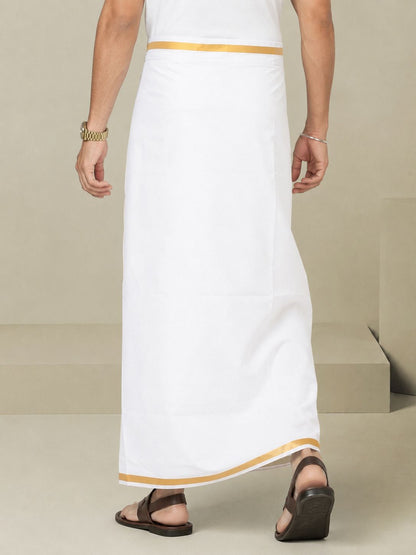 Men Single Layer Golden Zari Border, Velcro Closure & Pocket Solid Dhoti White