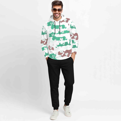 Outfit Set Full Sleeve White Hooded Printed T-shirt Matching Plain Black Trackpant